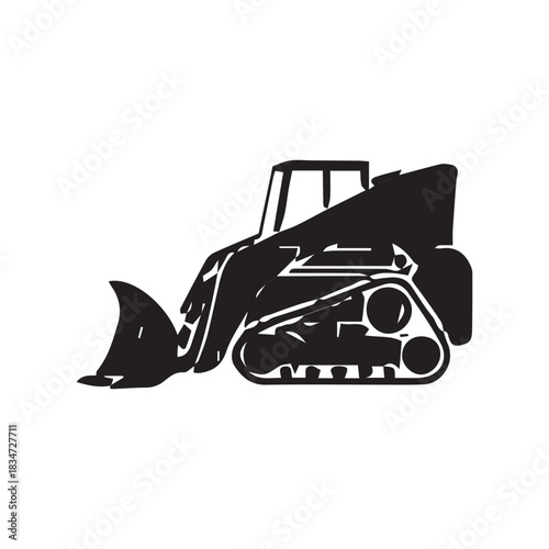 A black and white illustration of a tracked skid-steer loader with a front bucket, depicted in a side profile view.