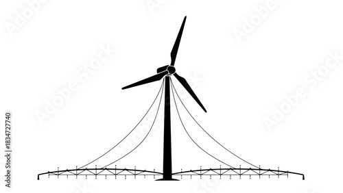 Stylized silhouette of a wind turbine with guy wires and base structure