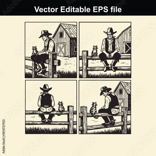 four panel comic strip illustration featuring a cowboy sitting on a wooden fence next to a small cat with a barn in the background, vector editable eps file