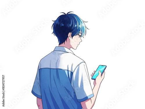 Young man looking at his smartphone with blue hair and wearing a collared shirt
