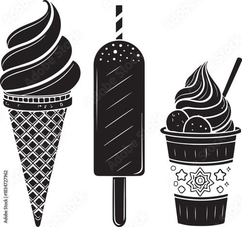 High-contrast black dessert silhouettes on clean white background featuring waffle cone swirl, twin-stick popsicle, bitten ice-cream bar, yogurt cup in bold minimal vector style
