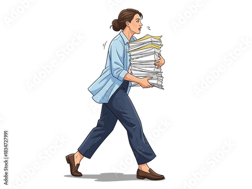 Overwhelmed businesswoman struggling to carry a large stack of paperwork