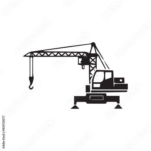 Black and white illustration of a crane with a hook, boom, and operator cab, isolated on a white background.