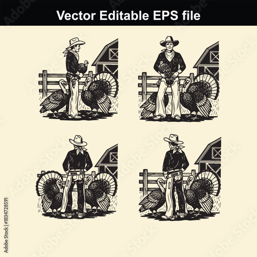 vector editable eps file showing four different poses of a farmer or rancher wearing a cowboy hat holding or standing near large turkeys in a vintage woodcut style illustration
