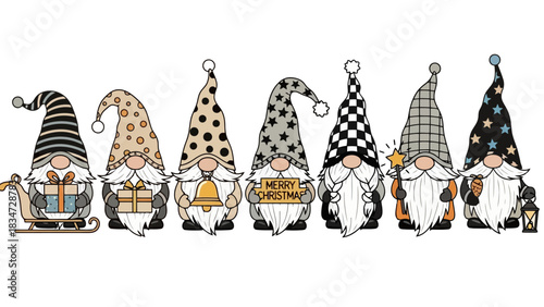 A festive collection of seven Scandinavian Christmas gnomes in black, gold, and white holding holiday decorations like presents and a sleigh