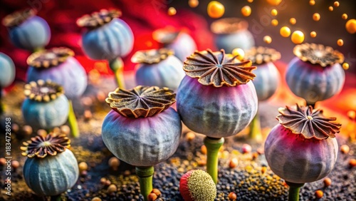 Delicate poppy seeds spill from vibrant, papery pods in a soft focus blur