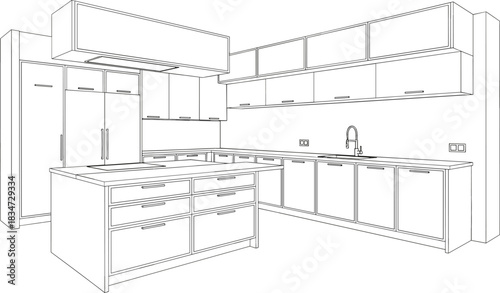 Perspective View Line Art Vector Illustration of Modern Corporate Office or Retail Buildings Architectural Sketch on White Background