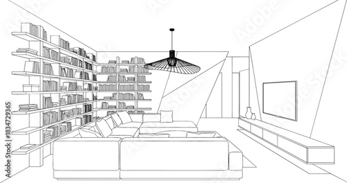 Minimalist Living Room Interior Design Outline Vector Illustration with Large Bookshelf, Sofa, and Modern Entertainment Center