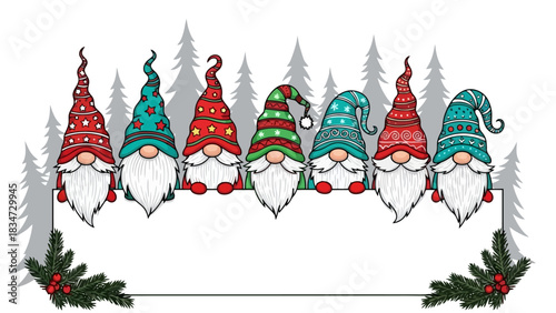 A whimsical group of seven Scandinavian Christmas gnomes with colorful patterned hats and long white beards holding a blank banner for holiday greetings