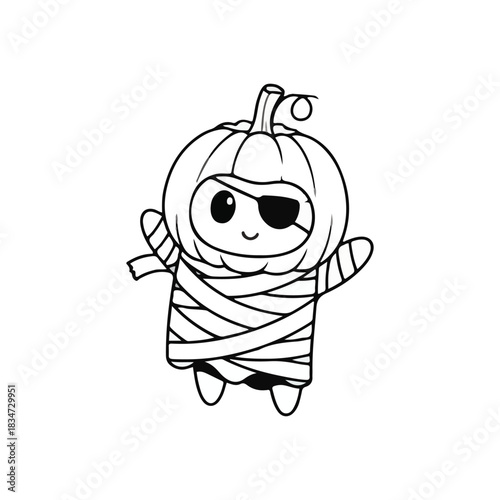 Adorable cartoon character dressed as a mummy with a pumpkin head, smiling happily.