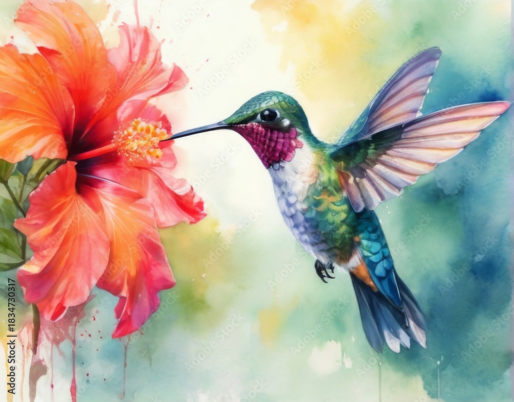 Obraz premium Watercolor painting capturing a hummingbird midflight near a hibiscus flower in serene pastel tones.