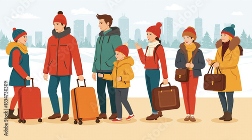 Diverse group of people in winter clothing with luggage waiting outdoors