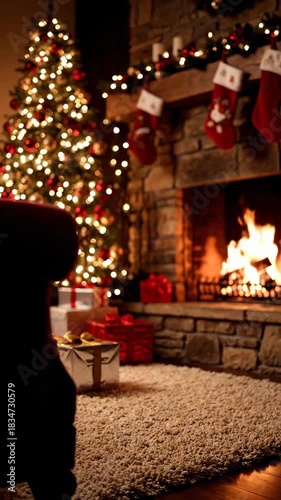 Christmas Tree Lights Twinkling with Presents by Cozy Fireplace