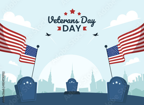 Veterans Day Memorial Scene with Flags and City Silhouette. Design Illustration
