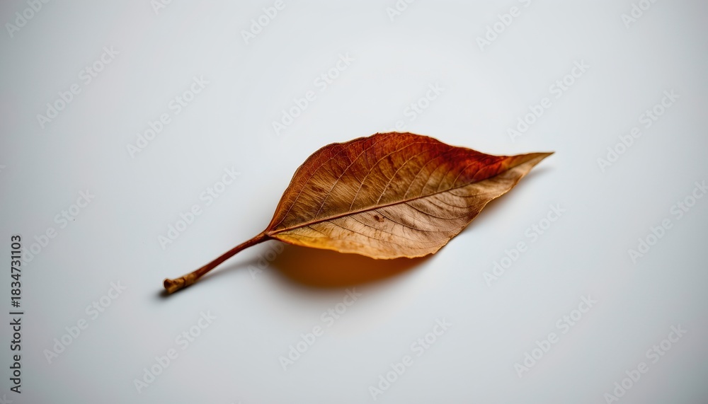 Fototapeta premium A single dried leaf rests on a surface against a white background.