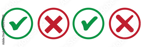 Right or wrong icons. Green tick and red cross checkmarks in circle flat icons. Yes or no symbol, approved or rejected icon for user interface.