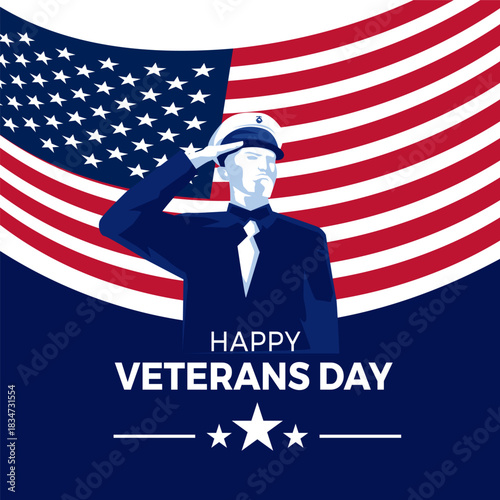 Veterans Day Saluting Soldier with American Flag Background. Design Illustration