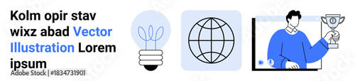 Innovation, achievement, global reach, business inspiration, sustainability, success. A lightbulb, globe and person holding a trophy. Innovation and achievement captured symbolically