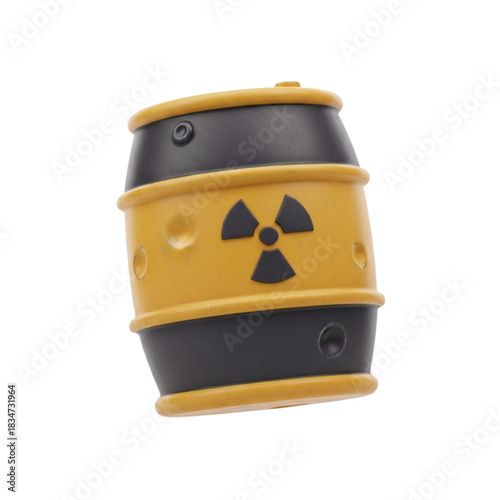 Graphic depiction of a yellow and black industrial barrel with a radiation hazard symbol, representing toxic waste