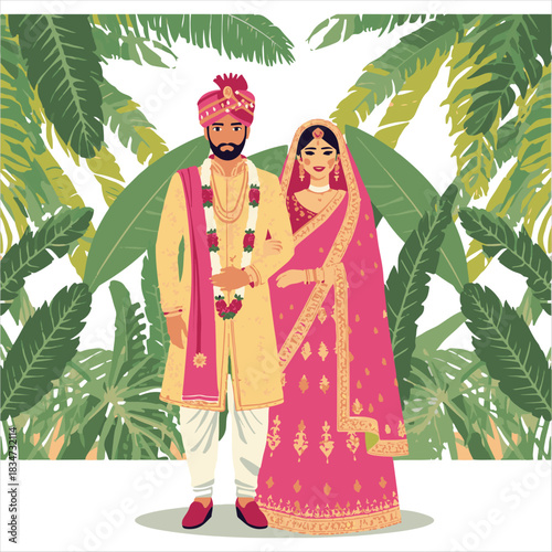 Traditional Indian Couple Vector Illustration,Indian Wedding Couple in Ethnic Dress,Man and Woman in Traditional Attire Vector,Indian Bride and Groom Standing Together,Cultural Couple .