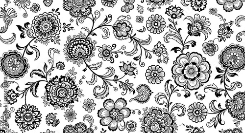 An intricate black and white seamless floral pattern with detailed hand-drawn flowers and swirling vines for elegant backgrounds.