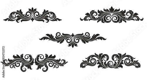 A collection of five elegant black vintage scroll dividers with ornate floral details for classic decorative page elements.