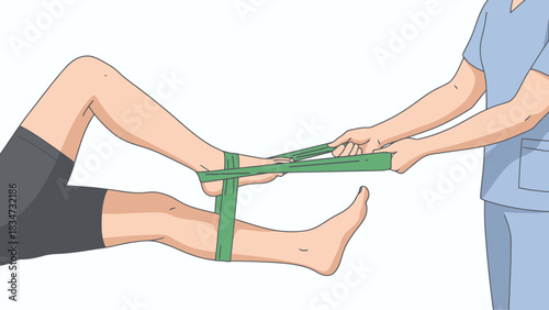 Therapist Assists Patient with Resistance Band Leg Exercise