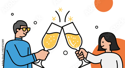 A modern flat illustration of a man and a woman celebrating by toasting with sparkling champagne glasses on a white background.