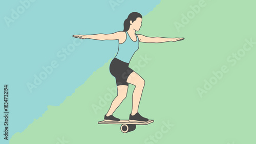 Woman Practicing Balance Training on Roller Board for Core Strength and Stability