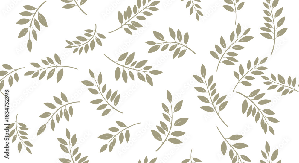 Fototapeta premium A simple and elegant seamless pattern of scattered green-gray branches with leaves on a clean white background for textiles.