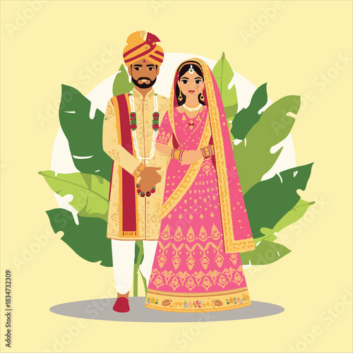Traditional Indian Couple Vector Illustration,Indian Wedding Couple in Ethnic Dress,Man and Woman in Traditional Attire Vector,Indian Bride and Groom Standing Together,Cultural Couple .