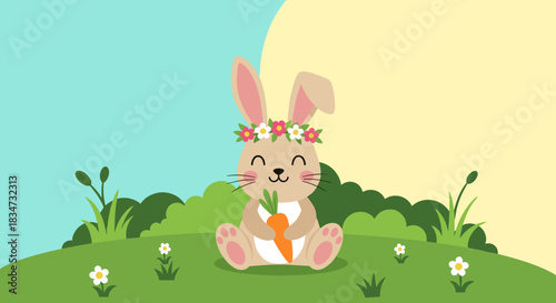 A cute cartoon bunny wearing a flower crown and holding a carrot sits in a green field on a lovely spring day.