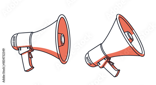 Two illustrations of a megaphone or bullhorn from different angles in a modern line art style with a red shadow effect.