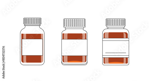 Three simple line art illustrations of brown glass medicine bottles with blank white labels and screw caps for mockups.