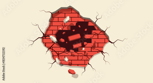 An illustration of a broken brick wall with a large hole in the center showing cracks and falling rubble for backgrounds.