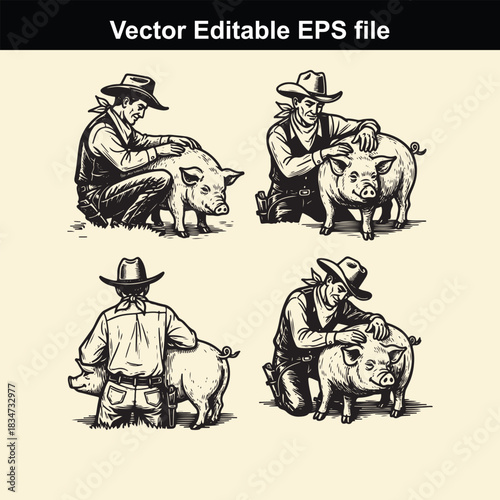 four vintage style vector illustrations depicting cowboys or farmers affectionately interacting with pigs, showing different poses and perspectives of man and swine