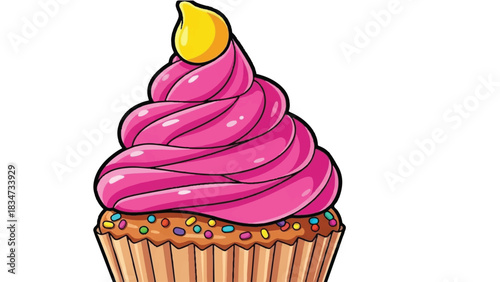 A Delicious Pink Frosted Cupcake with Sprinkles.