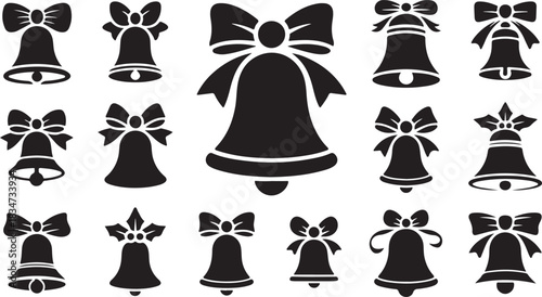 Various black bell vectors adorned with ribbons create holiday icons on a white background