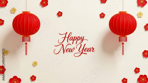 Traditional red chinese lanterns and floral decorations adorn a wall for a festive happy new year celebration