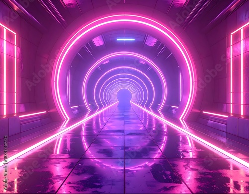 Futuristic tunnel bathed in neon pink and purple light, reflective floor