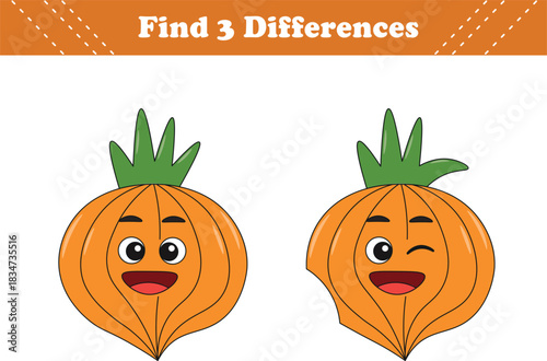 Education game for children find three differences between two fruits cartoon. Vector illustration