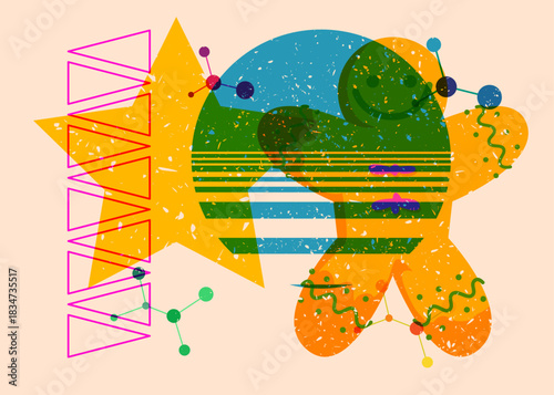 Risograph Gingerbread Man Christmas Cookie with geometric shapes. Objects in trendy riso graph print texture style design with geometry elements.