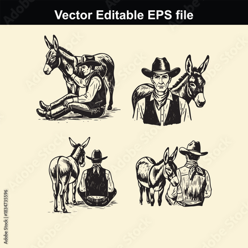 collection of vintage black and white vector illustrations depicting cowboys interacting with donkeys or mules in various poses, perfect for western themes