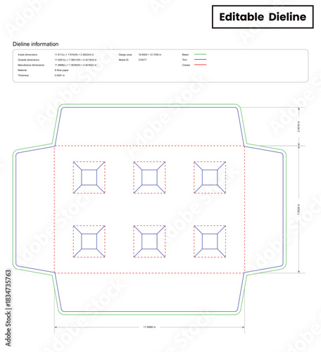 six hole insert dieline template box dieline die lines packaging custom dieline  box cardboard box dieline pizza box dieline printable product packaging layout,
