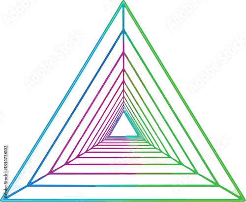 A multicolored receding tunnel of nested triangles on a white background