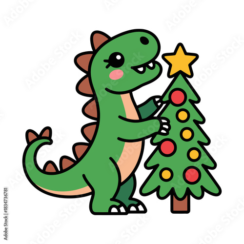Cute Dinosaur Decorating Christmas Tree Cartoon Illustration