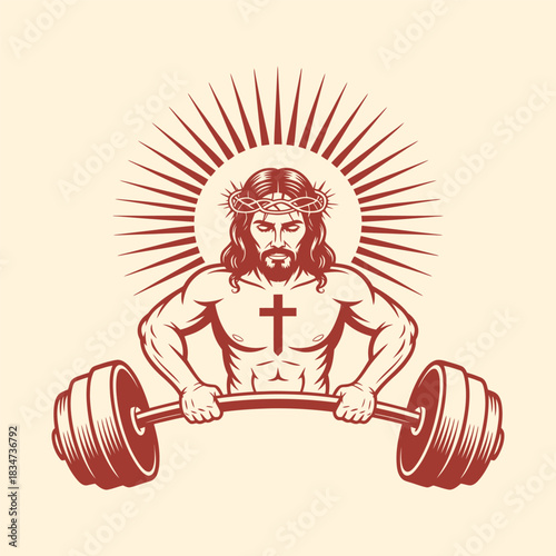 Religious Bodybuilder Lifting Weights Vintage Illustration