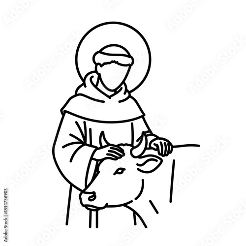 Minimalist line art of a saintly figure touching a cow, symbolizing compassion and care for nature
