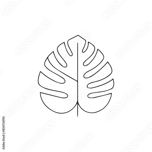 Simple line art illustration of a Monstera leaf with distinct fenestrations, isolated on a white background.
