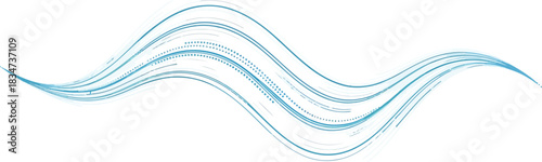 Abstract blue wave composed of flowing lines and dots against a white background